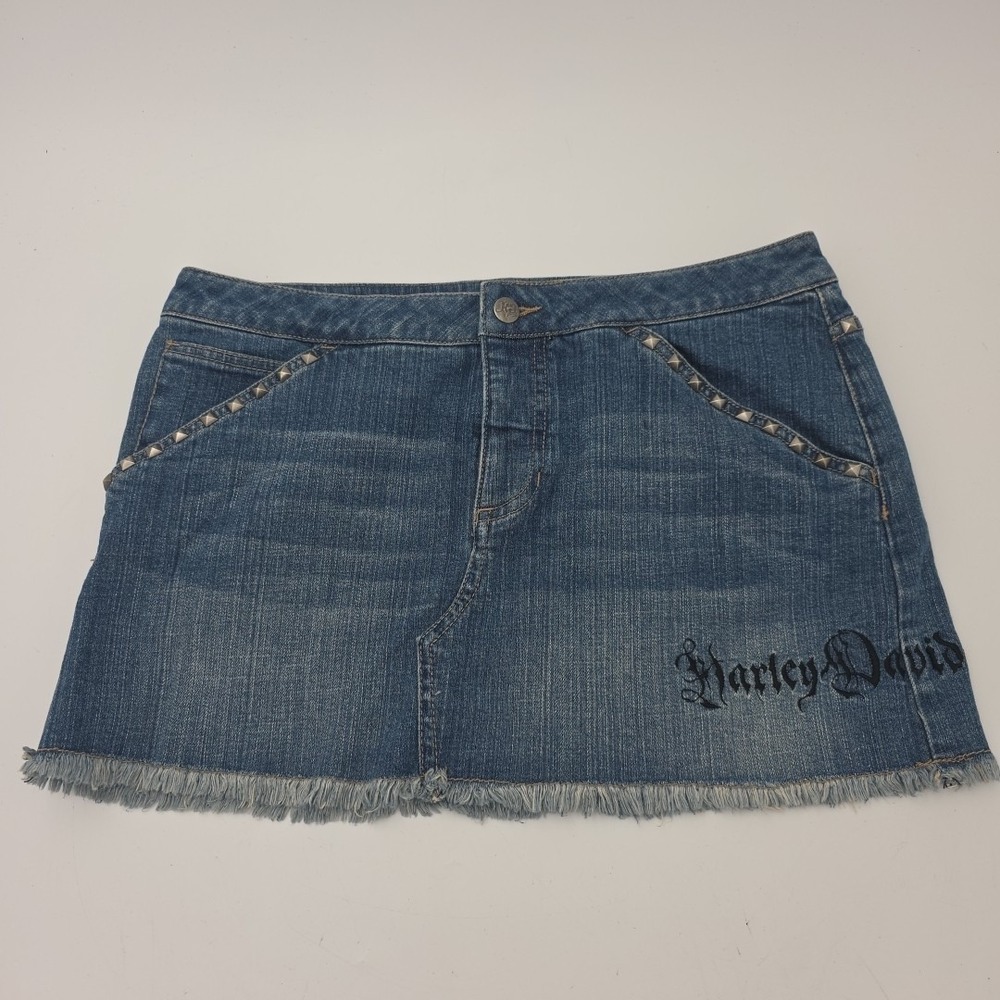 Harley Davidson Studded Denim Mini Skirt Size 8 Embroidered Raw Hem